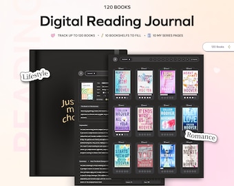 May include: A digital reading journal app interface with a black background and white text. The app allows users to track up to 120 books, fill 10 bookshelves, and create 10 series pages. The app features a search bar, a list of books, and a rating system. The app also includes a "Lifestyle" and "Romance" category for books.