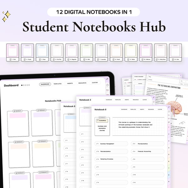 12 Schüler Digitales Notizbuch Bündel Hyperlinked Planer Notizen für Goodnotes Notability iPad Vorlagen Notizen Apps Akademische Schule