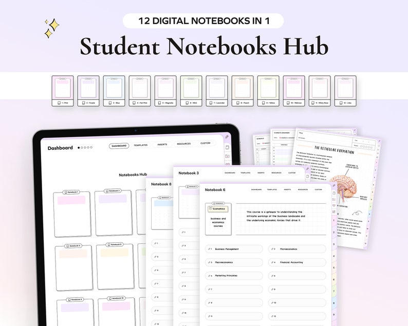 May include: A digital student notebook hub with 12 different notebooks. The screen shows a dashboard with a grid of 12 notebooks, each with a different subject. The text "Notebooks Hub" is at the top of the screen. The text "Dashboard" is at the top left of the screen. The text "Notebooks Hub" is at the top of the screen. The text "Dashboard" is at the top left of the screen.