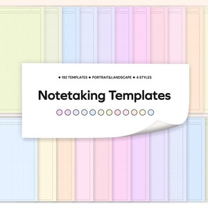 May include: A set of 192 printable note-taking templates in portrait and landscape formats. The templates are available in four different colors: light blue, light pink, light yellow, and light green. The templates feature a grid pattern.