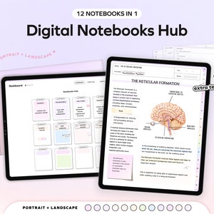May include: A digital notebook hub featuring 12 different notebooks, including one on the reticular formation of the brain. The image displays a tablet screen showcasing a dashboard and an open notebook page dedicated to the reticular formation. This page includes a diagram of the brain and text explaining the reticular formation. The image also features a pink background with the text "12 notebooks in 1" and "Digital Notebooks Hub".