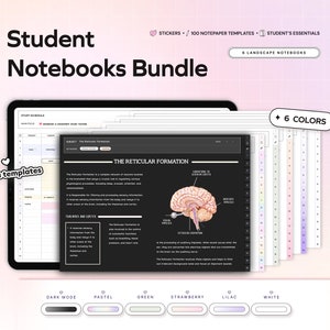 May include: A digital planner bundle with six different color options: dark mode, pastel, green, strawberry, lilac, and white. The planner includes a study schedule, extra templates, and a page about the reticular formation of the brain.