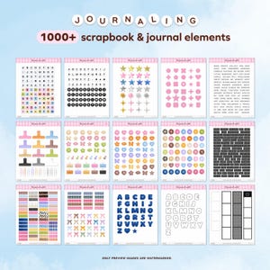 Puede incluir: Una colecci&oacute;n de elementos de &aacute;lbumes de recortes y diarios, que incluyen pegatinas de alfabeto, formas y elementos decorativos. La imagen presenta varios dise&ntilde;os, como estrellas, corazones y papeles estampados, con el texto "JOURNALING" y "1000+ scrapbook & journal elements".
