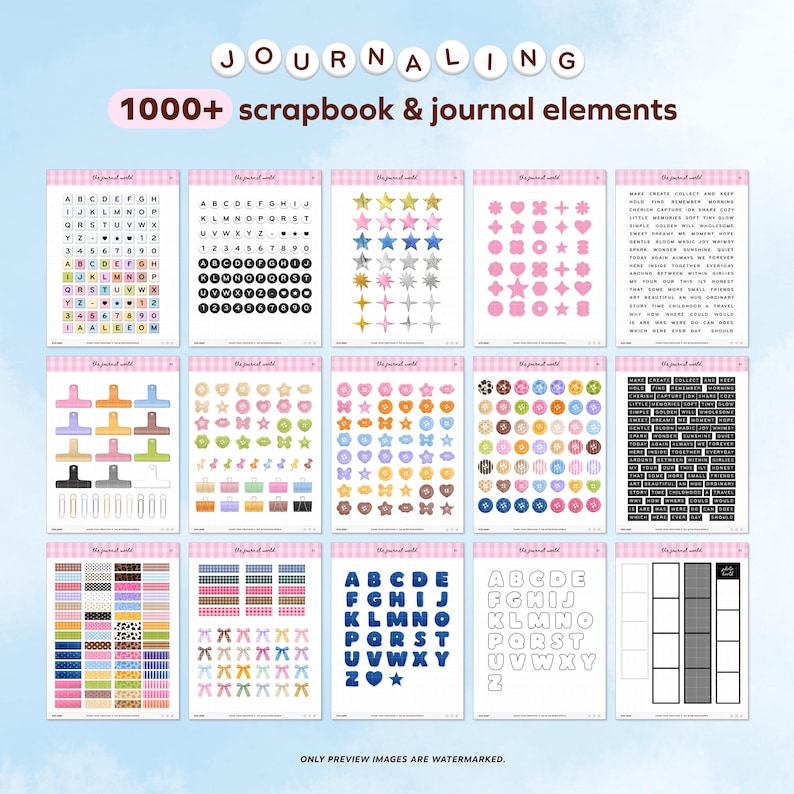 Puede incluir: Una colecci&oacute;n de elementos de &aacute;lbumes de recortes y diarios, que incluyen pegatinas de alfabeto, formas y elementos decorativos. La imagen presenta varios dise&ntilde;os, como estrellas, corazones y papeles estampados, con el texto "JOURNALING" y "1000+ scrapbook & journal elements".