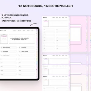 May include: A digital planner with 12 notebooks, each containing 16 sections. The planner is designed for organising notes and information. The cover of the planner is pink with a white border. The planner is open to a page labelled "Notebook 1" and includes a section for "Business and Economics Courses".