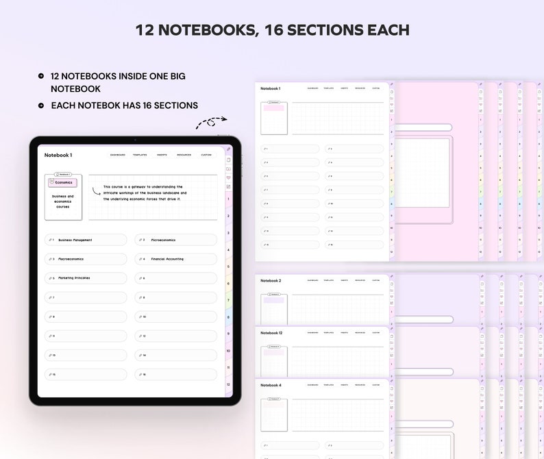 May include: A digital planner with 12 notebooks, each containing 16 sections. The planner is designed for organising notes and information. The cover of the planner is pink with a white border. The planner is open to a page labelled "Notebook 1" and includes a section for "Business and Economics Courses".