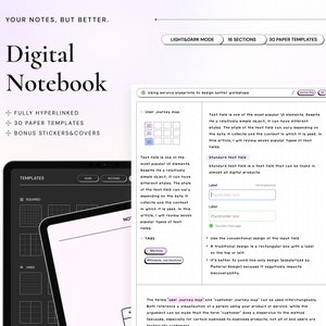Könnte beinhalten: Eine digitale Notizbuch-App mit einer schwarz-weißen Oberfläche. Die App bietet 30 Papiervorlagen, vollständig verlinkte Inhalte und Bonus-Sticker und -Cover. Die App wird auf einem Tablet-Bildschirm mit weißem Hintergrund angezeigt.