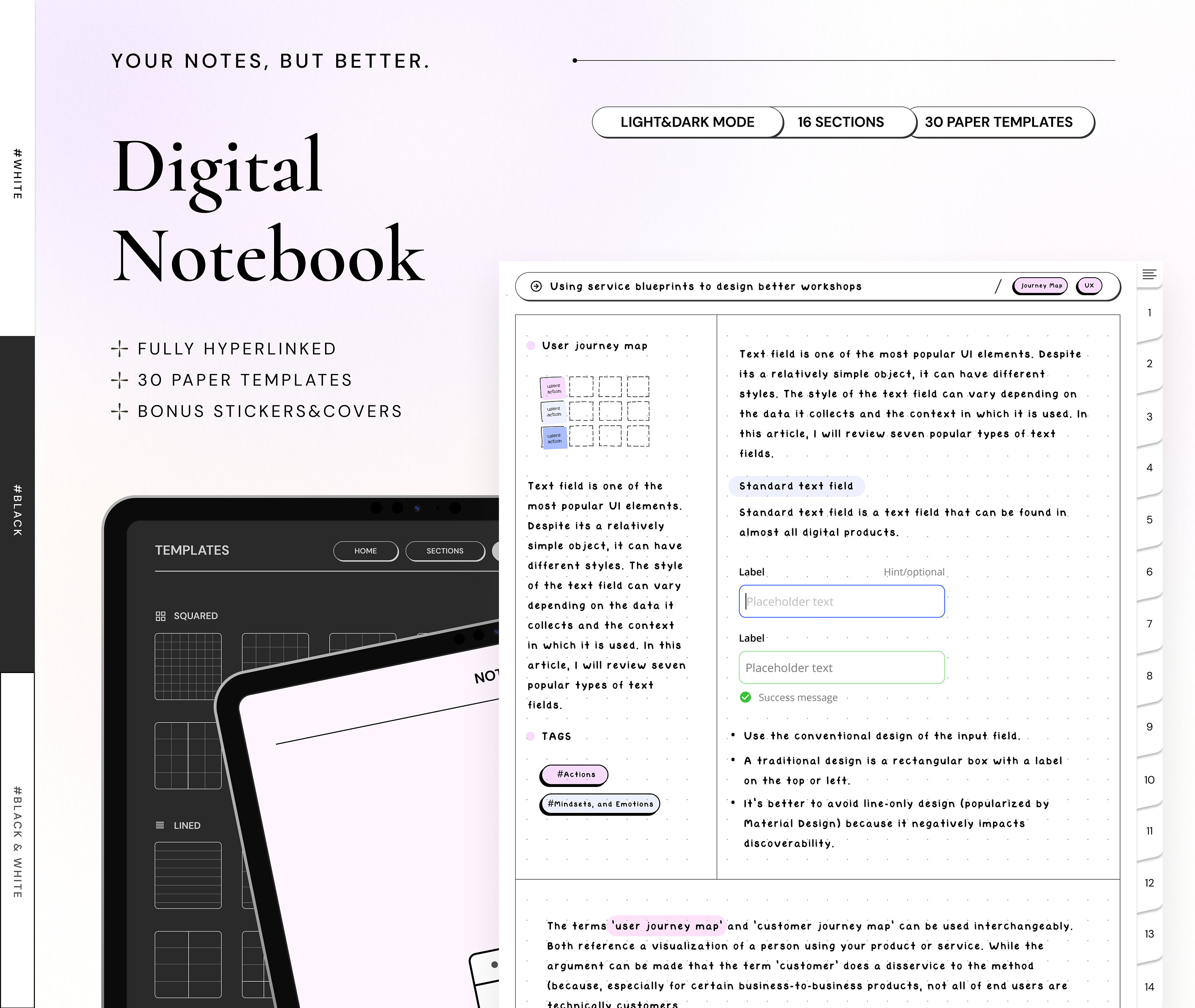 Digital Hyperlinked Notebook for GoodNotes, Notability | Black Digital Notes Template with Tabs | Notetaking & Digital Notebook for Students
