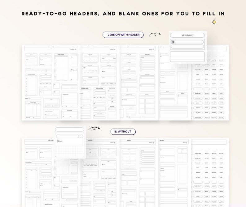May include: A printable planner page with a variety of sections for note-taking, lists, and vocabulary. The page is designed to be used with a header or without a header.