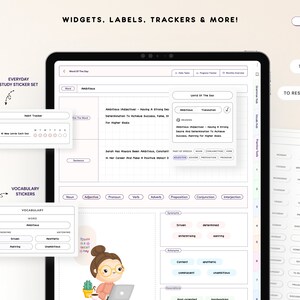 May include: A digital planner app on a tablet screen with a vocabulary word of the day, "Ambitious", and its definition. The app also includes a habit tracker, a progress tracker, and a section for daily tasks. The screen is surrounded by colourful stickers with words like "driven", "determined", and "content".