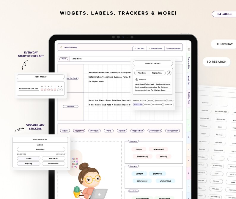 May include: A digital planner app on a tablet screen with a vocabulary word of the day, "Ambitious", and its definition. The app also includes a habit tracker, a progress tracker, and a section for daily tasks. The screen is surrounded by colourful stickers with words like "driven", "determined", and "content".