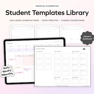 May include: A digital tablet displaying a planner app with various templates for daily, weekly, and monthly planning. The app includes sections for "Weekly Plan", "Planning Templates", "Weekly Templates", and "Monthly Templates". The app is designed for students and features student-focused pages.