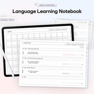 May include: A white language learning notebook with a progress tracker, daily tasks, and monthly overview sections. The notebook is open to the progress tracker section, which includes four tasks with progress bars.