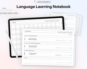 May include: A white language learning notebook with a progress tracker, daily tasks, and monthly overview sections. The notebook is open to the progress tracker section, which includes four tasks with progress bars.