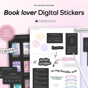 Peut inclure: Un ensemble d'autocollants numériques pour les amoureux des livres avec une variété de designs, y compris un suivi de lecture, un journal de lecture mensuel et un autocollant "Livres & Café". Les autocollants sont dans un style sombre avec des couleurs noires et blanches.