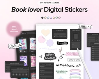 May include: A digital sticker set for book lovers featuring a variety of designs, including a reading tracker, a monthly reading log, and a "Books & Coffee" sticker. The stickers are in a dark mode aesthetic with black and white colours.