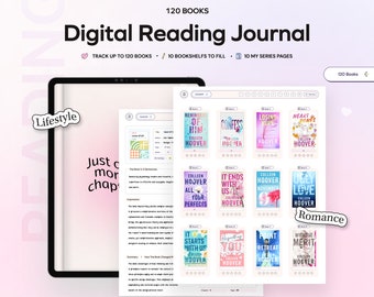 Pode incluir: Uma interface de aplicativo de diário de leitura digital com fundo rosa e branco. O aplicativo permite que os usuários acompanhem até 120 livros, preencham 10 estantes e criem 10 páginas de séries. O aplicativo apresenta uma lista de livros de Colleen Hoover, incluindo "Reminder of Him", "Confess", "Losing Hope", "Heart Bones", "It Ends With Us", "Ugly Love", "All Your Perfects", "November 9", "Without Merit", "Regretting You", "Point of Retreat" e "It Starts With Us".
