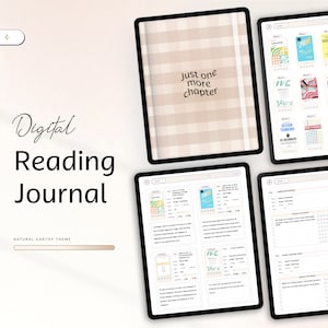 Puede incluir: Un diario de lectura digital con un tema natural terroso. El diario se muestra en la pantalla de una tableta e incluye una página de portada con el texto "Just one more chapter" y una lista de libros para leer.