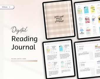 Pode incluir: Um diário de leitura digital com um tema natural terroso. O diário é exibido na tela de um tablet e inclui uma página de capa com o texto "Just one more chapter" e uma lista de livros para ler.