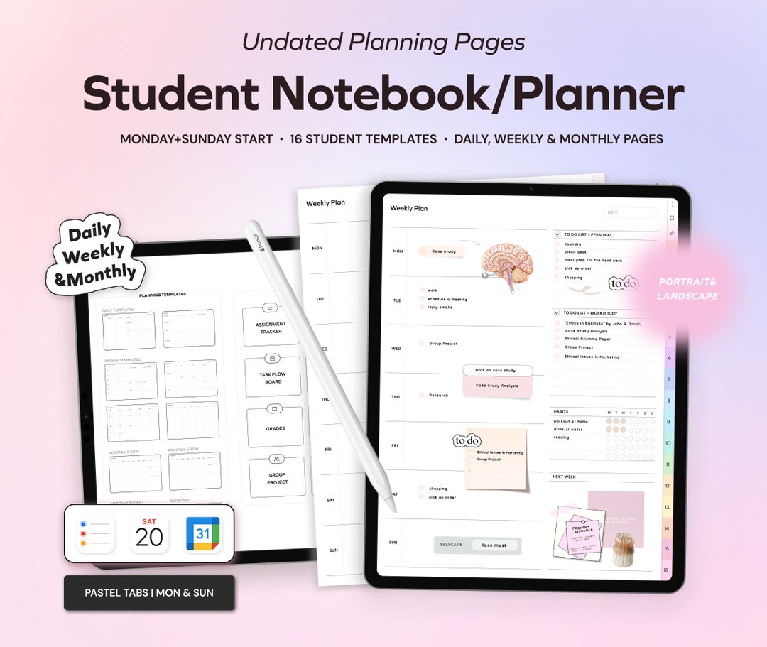 Student Undated Planner and Notebook, Portrait & Landscape Templates ...