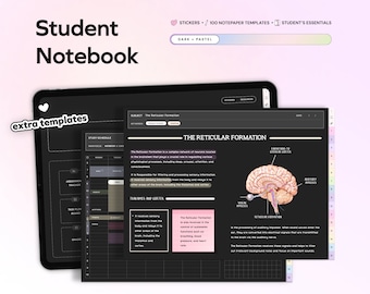 Student Digital Notebook, Dark Mode Note Paper Hyperlinked Notetaking Study Templates Notepad Goodnotes Notability iPad College Academic