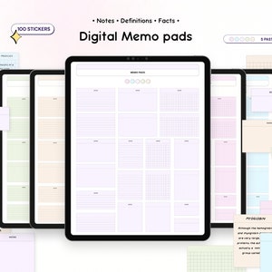 May include: Digital memo pads with 100 stickers in five pastel colors. The memo pads have different layouts, including lined, grid, and blank. The text "Notes. Definitions. Facts." and "Memo Pads" are visible on the image.