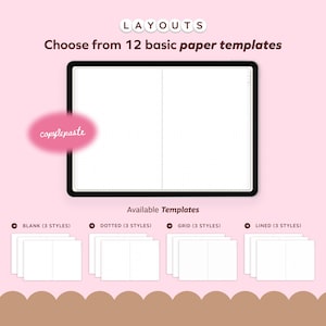 May include: A digital planner interface with the text "LAYOUTS" and "Choose from 12 basic paper templates." The image shows a tablet with a blank dotted page, and four paper template options: blank, dotted, grid, and lined.