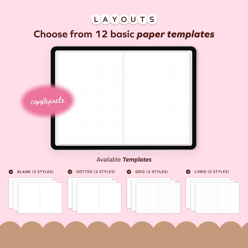 May include: A digital planner interface with the text "LAYOUTS" and "Choose from 12 basic paper templates." The image shows a tablet with a blank dotted page, and four paper template options: blank, dotted, grid, and lined.