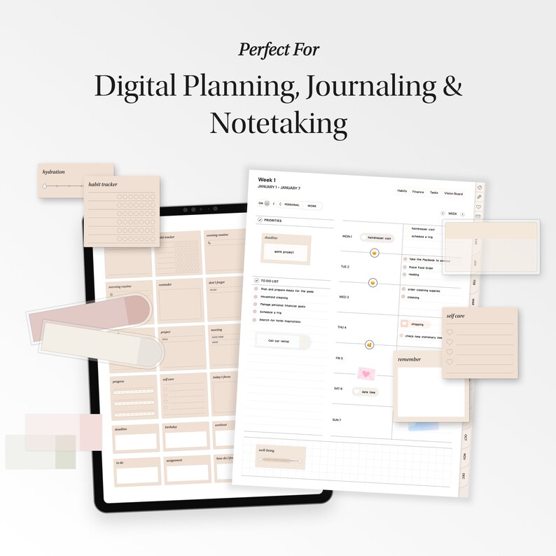 Hand Notes Layout Priorities Minimalist Transparent Digital Planner Stickers for Ipad, Goodnotes ...