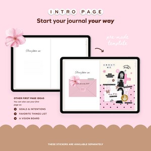 May include: Digital journal page with the text "Intro Page" and "Start your journal your way." The journal features a pink envelope with a flower and the text "Dear future me." Additional text includes "About Me" and "Journal Goals."