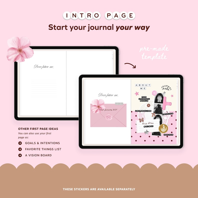 May include: Digital journal page with the text "Intro Page" and "Start your journal your way." The journal features a pink envelope with a flower and the text "Dear future me." Additional text includes "About Me" and "Journal Goals."