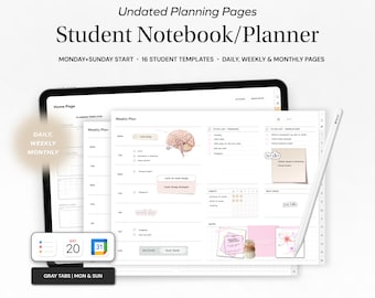 Student Undated Planner and Notebook, Daily Weekly Monthly Planner for Goodnotes, Customizable Notetaking Templates, Academic Student iPad