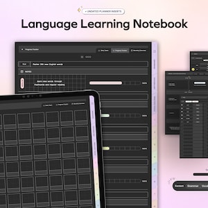 May include: A digital language learning notebook with a dark theme. The notebook includes sections for grammar, vocabulary, and practice tools. The text "Language Learning Notebook" is displayed at the top. The notebook is designed for undated planner inserts.