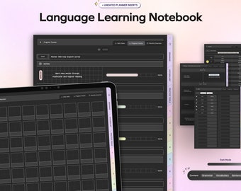 May include: A digital language learning notebook with a dark theme. The notebook includes sections for grammar, vocabulary, and practice tools. The text "Language Learning Notebook" is displayed at the top. The notebook is designed for undated planner inserts.