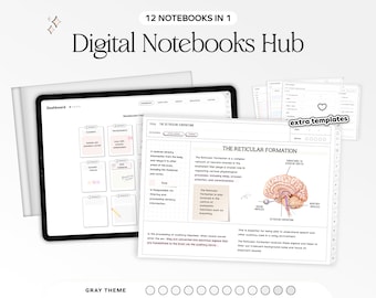 May include: A digital notebook hub with a grey theme. The screen shows a dashboard with 12 different notebooks, including a notebook about the reticular formation of the brain. The image also shows a heart icon with the text "extra templates".