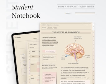 Puede incluir: Una página de cuaderno de estudiante con un horario de estudio y un diagrama de la formación reticular del cerebro. El diagrama muestra la formación reticular, los impulsos visuales, los impulsos auditivos y las conexiones a la corteza cerebral. El texto en la página dice "The Reticular Formation".