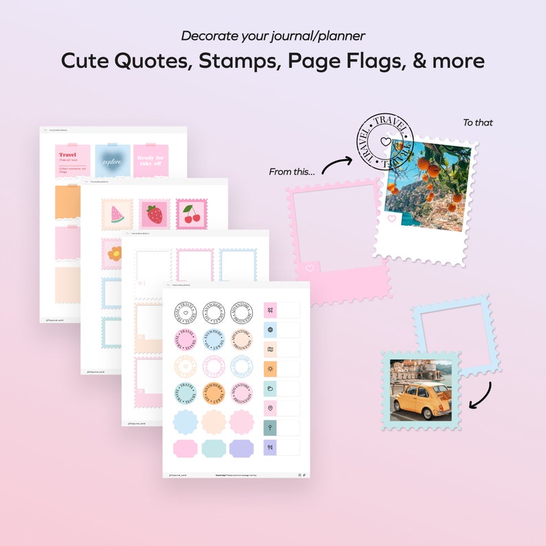 May include: Printable digital planner stickers with cute quotes, stamps, and page flags. The stickers feature a travel theme with images of a car, fruit, and a cityscape. The text "Travel" is featured on a stamp.