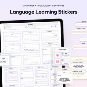 Puede incluir: Un conjunto de pegatinas imprimibles para aprender idiomas para vocabulario, gramática y oraciones. Las pegatinas presentan un fondo morado claro con contornos blancos y texto negro. Las pegatinas están diseñadas para ayudar a los estudiantes a aprender nuevas palabras, reglas gramaticales y estructuras de oraciones.