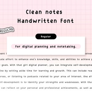 Peut inclure: Un fond de grille rose et blanc avec du texte noir qui dit "Clean notes Handwritten Font Regular" et "For digital planning and notetaking." Le texte est dans un style de police d'écriture manuscrite.