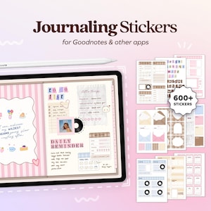 Puede incluir: Pegatinas de diario digital para Goodnotes y otras aplicaciones. La imagen muestra una tableta con un diario digital abierto, con listas de tareas, recordatorios diarios y elementos decorativos. También se muestran hojas de pegatinas adicionales con más de 600 pegatinas.