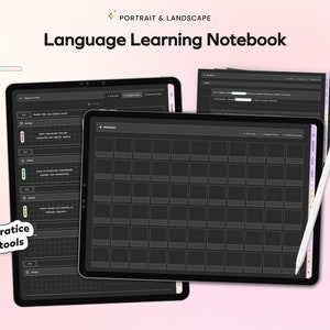 Op de afbeelding: Een digitaal taal leer notitieboek met een zwarte achtergrond en witte rasterlijnen. Het notitieboek heeft tabbladen voor verschillende secties, waaronder "Progressie Tracker", "Alphabet", "Dagelijkse Taken", "Wekelijkse Beoordeling" en "Woordenschat". Het notitieboek is open op een tablet scherm met een stylus pen ernaast.