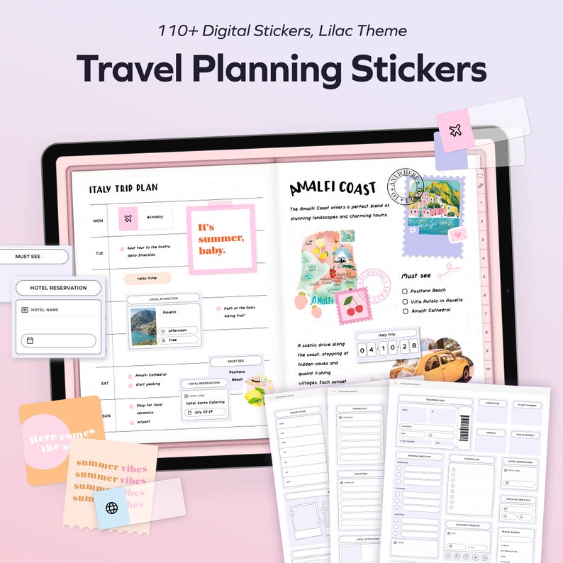 May include: A digital planner with stickers for travel planning. The planner has a lilac theme and includes stickers with phrases like "It's summer, baby." and "Summer vibes".
