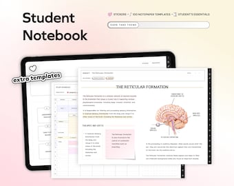 Puede incluir: Una página de cuaderno digital con un horario de estudio, un rastreador de tareas y un tablero de flujo de tareas. La página también incluye un diagrama de la formación reticular en el cerebro, con etiquetas para el tálamo, la corteza y los impulsos auditivos. El texto en la página dice "La formación reticular" y "Tálamo y corteza".