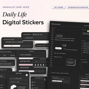 May include: A set of digital stickers for daily life organization. The stickers are in a minimalist dark mode design with white text and icons. The stickers include a progress tracker, appointment reminder, focus time tracker, grocery list, meeting planner, shopping list, and daily overview. The stickers are designed to be used in digital planners or notebooks.