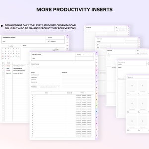 May include: A set of printable productivity inserts for planners. The inserts include a project plan, assignment tracker, reading list, and a weekly schedule.