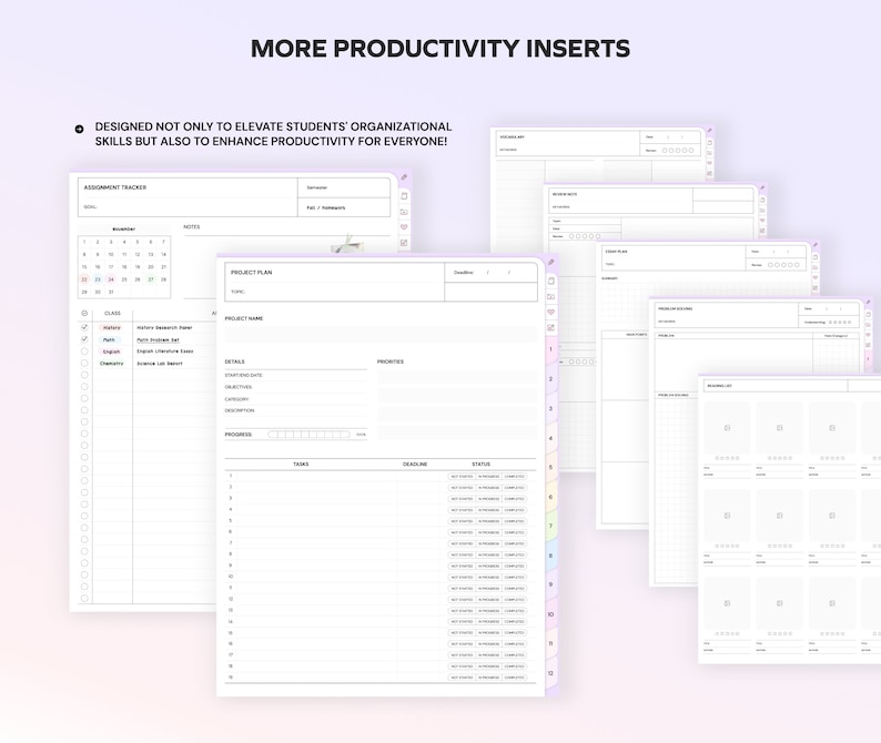 May include: A set of printable productivity inserts for planners. The inserts include a project plan, assignment tracker, reading list, and a weekly schedule.