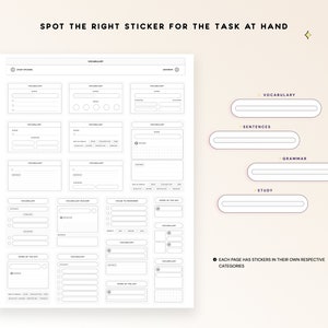 May include: A black and white printable planner page with a grid layout and various sections labelled "Vocabulary", "Sentences", "Grammar", and "Study". The page is designed to help students organise their studies and track their progress.