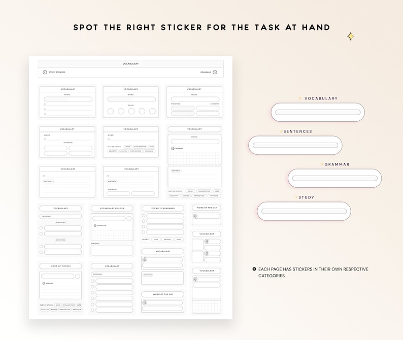 May include: A black and white printable planner page with a grid layout and various sections labelled "Vocabulary", "Sentences", "Grammar", and "Study". The page is designed to help students organise their studies and track their progress.