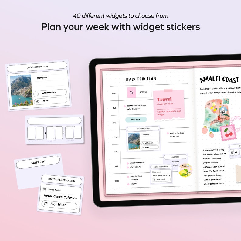May include: A pink and white planner with a sticker of a map of the Amalfi Coast, Italy. The planner has a weekly layout with sections for travel, local attractions, must-see, and hotel reservations. The planner also includes stickers with text such as "Travel", "Collect moments, not things", and "A scenic drive along the coast, stopping at hidden coves and quaint fishing villages."