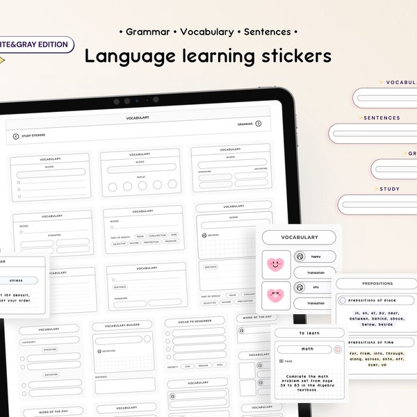 Studie Digitale stickers voor Goodnotes Taal leren Minimalistische sticker Boekplanner Widgets Woordenschat Grammatica Leer Koreaanse collage iPad